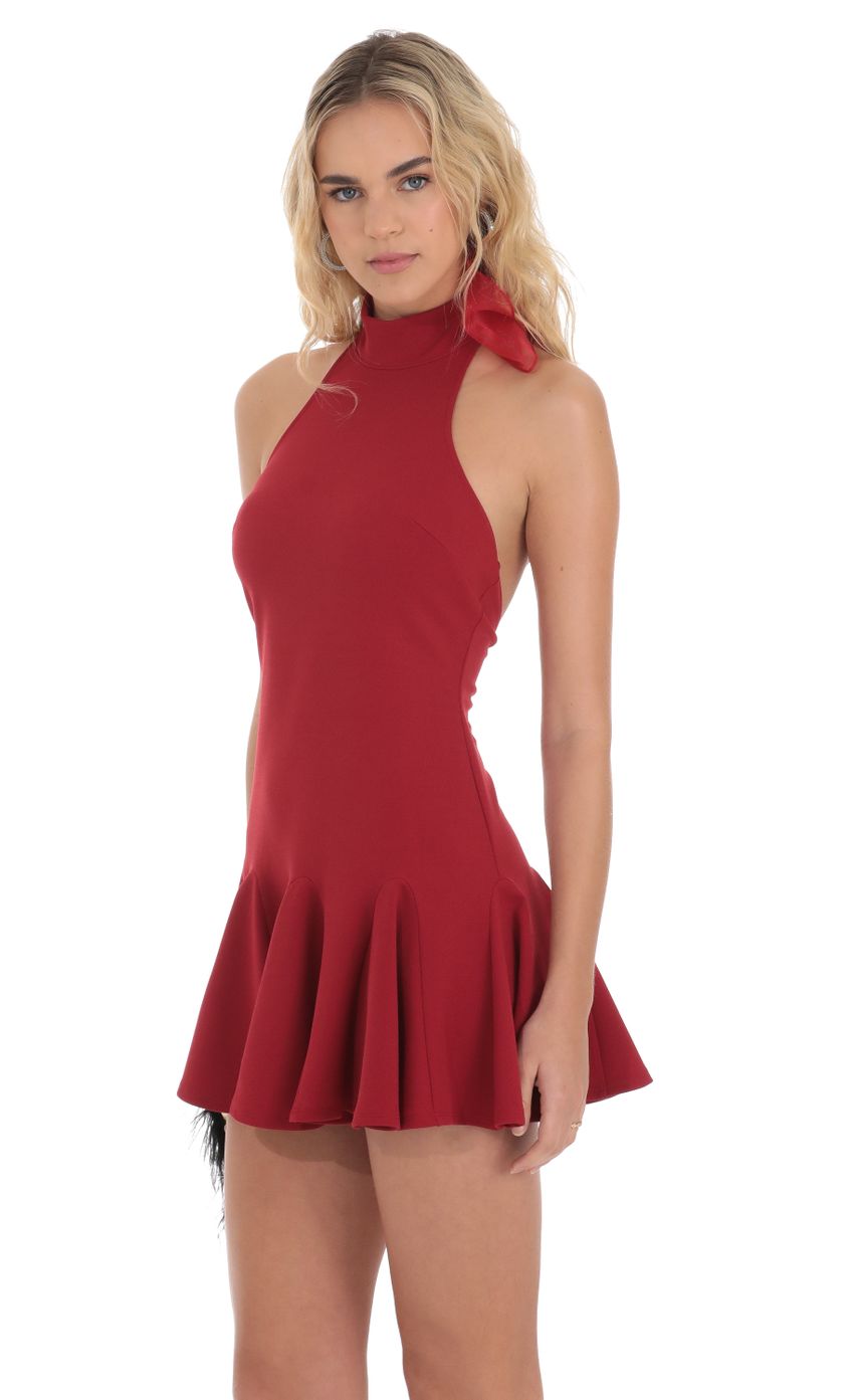 Picture Mock Neck Halter Flare Dress in Red. Source: https://media-img.lucyinthesky.com/data/Dec23/850xAUTO/3480fc38-9a62-4ad3-8cb8-e52f51175884.jpg
