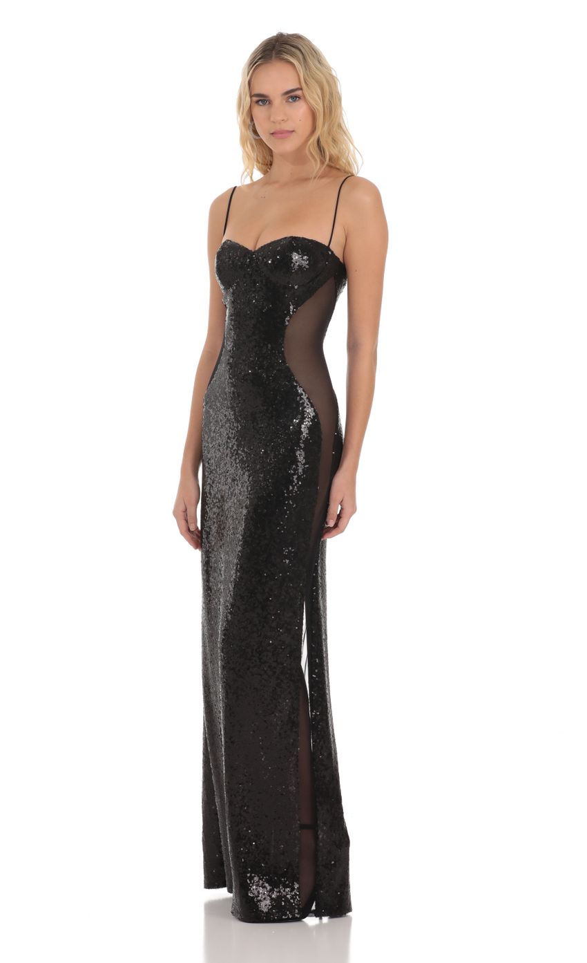 Picture Sequin Mesh Side Cutout Maxi Dress in Black. Source: https://media-img.lucyinthesky.com/data/Dec23/850xAUTO/3cf868dc-6a26-4ce4-bcce-a85795fee6fb.jpg