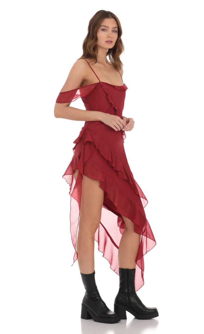 Picture Shimmer High Low Ruffle Dress in Red. Source: https://media-img.lucyinthesky.com/data/Dec23/850xAUTO/41bc5681-c7f4-4553-86d9-05993d63103c.jpg