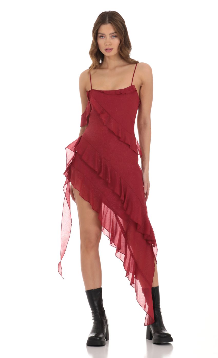 Picture Shimmer High Low Ruffle Dress in Red. Source: https://media-img.lucyinthesky.com/data/Dec23/850xAUTO/46e7ff2f-bfe8-4704-adc6-3eea40b6f40f.jpg