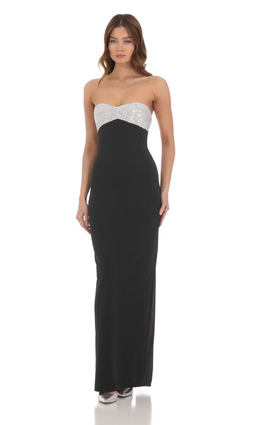Picture Strapless White Sequin Maxi Dress in Black. Source: https://media-img.lucyinthesky.com/data/Dec23/850xAUTO/4881e95f-a2db-4742-a1c2-a7b1dc5fc3b5.jpg