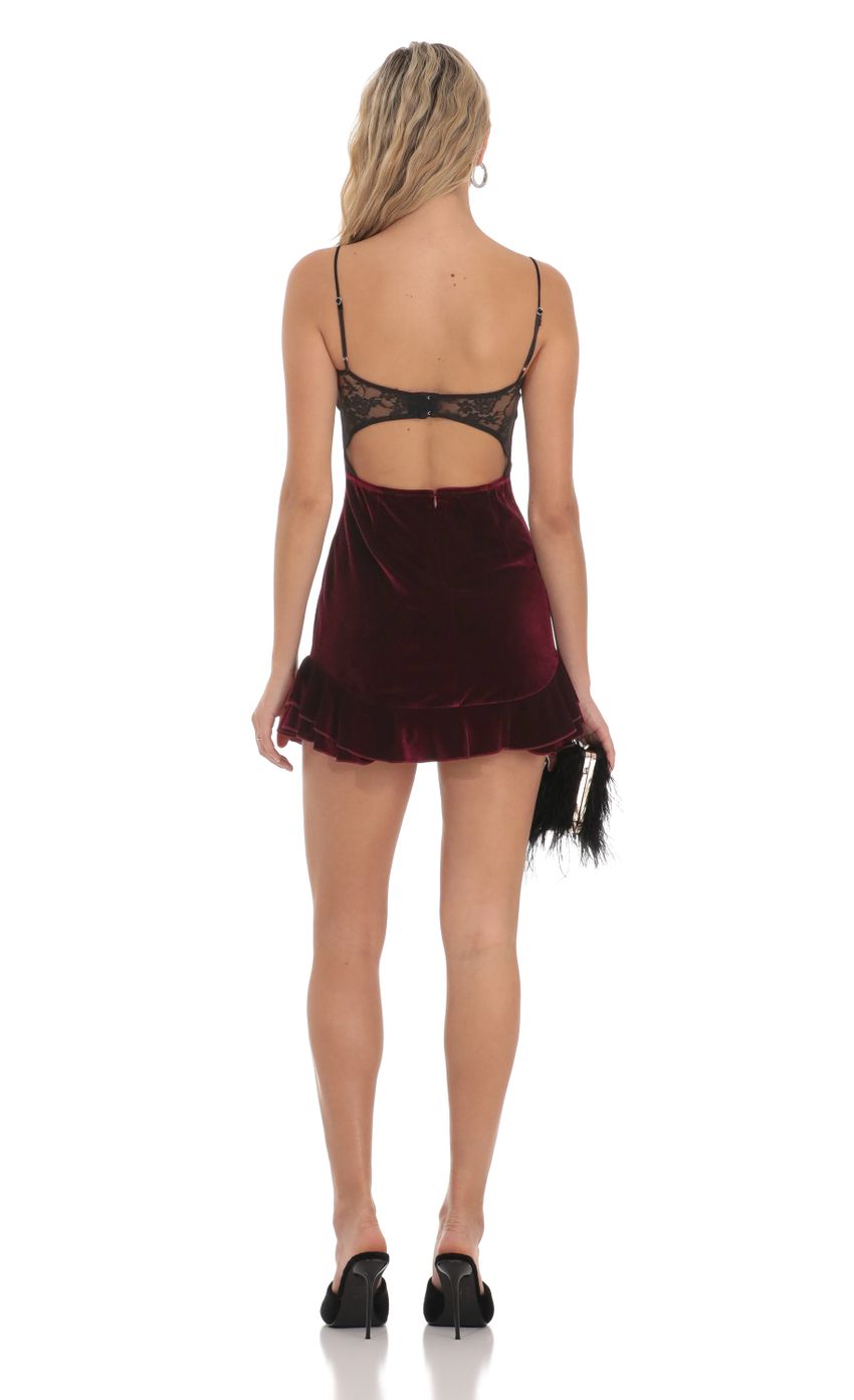 Picture Lace Hook Velvet Ruffle Dress in Burgundy. Source: https://media-img.lucyinthesky.com/data/Dec23/850xAUTO/48d19efa-6121-4c4a-a6ff-5d872abca006.jpg