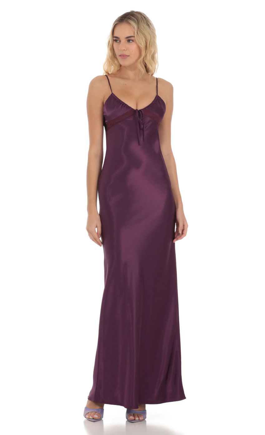 Picture Satin Front Tie Maxi Dress in Purple. Source: https://media-img.lucyinthesky.com/data/Dec23/850xAUTO/4f7c13f0-8849-4af8-a122-33d0bf827006.jpg