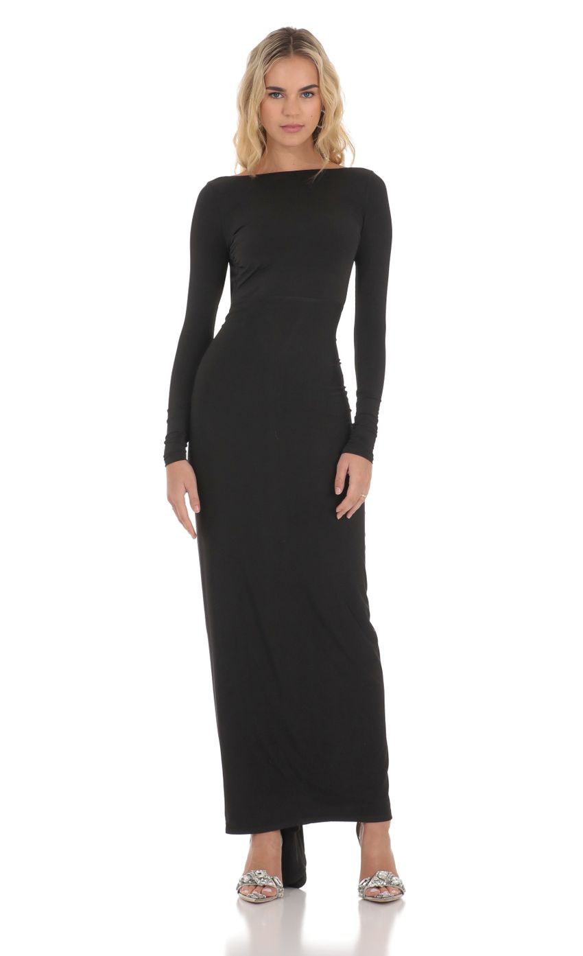 Picture High Neck Bodycon Open Back Maxi Dress in Black. Source: https://media-img.lucyinthesky.com/data/Dec23/850xAUTO/51e99888-cab2-489f-a450-34a9419c0e21.jpg
