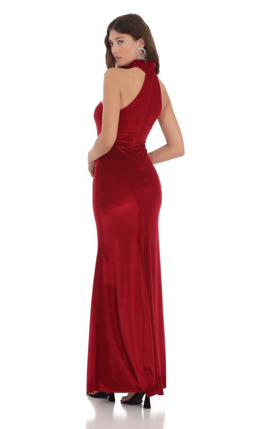 Picture Velvet Reverse Halter Maxi Dress in Red. Source: https://media-img.lucyinthesky.com/data/Dec23/850xAUTO/54f7b105-eea0-46af-b1d4-912651e77af0.jpg