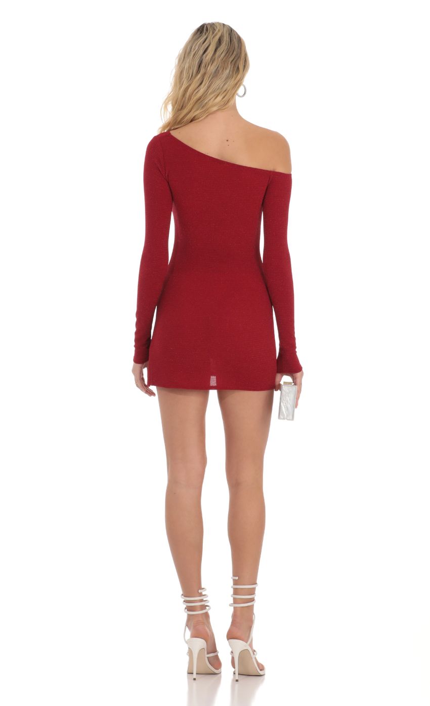 Picture Shimmer One Off Shoulder Bodycon Dress in Red. Source: https://media-img.lucyinthesky.com/data/Dec23/850xAUTO/5b33c3a1-ac87-4a7b-9061-db7d637145e1.jpg