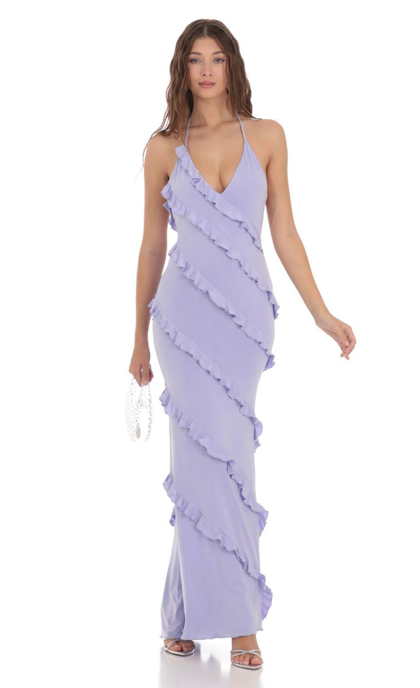 Picture Ruffle Halter Maxi Dress in Periwinkle. Source: https://media-img.lucyinthesky.com/data/Dec23/850xAUTO/5cfc121f-5fd2-4ef6-a447-c2e305f817c1.jpg