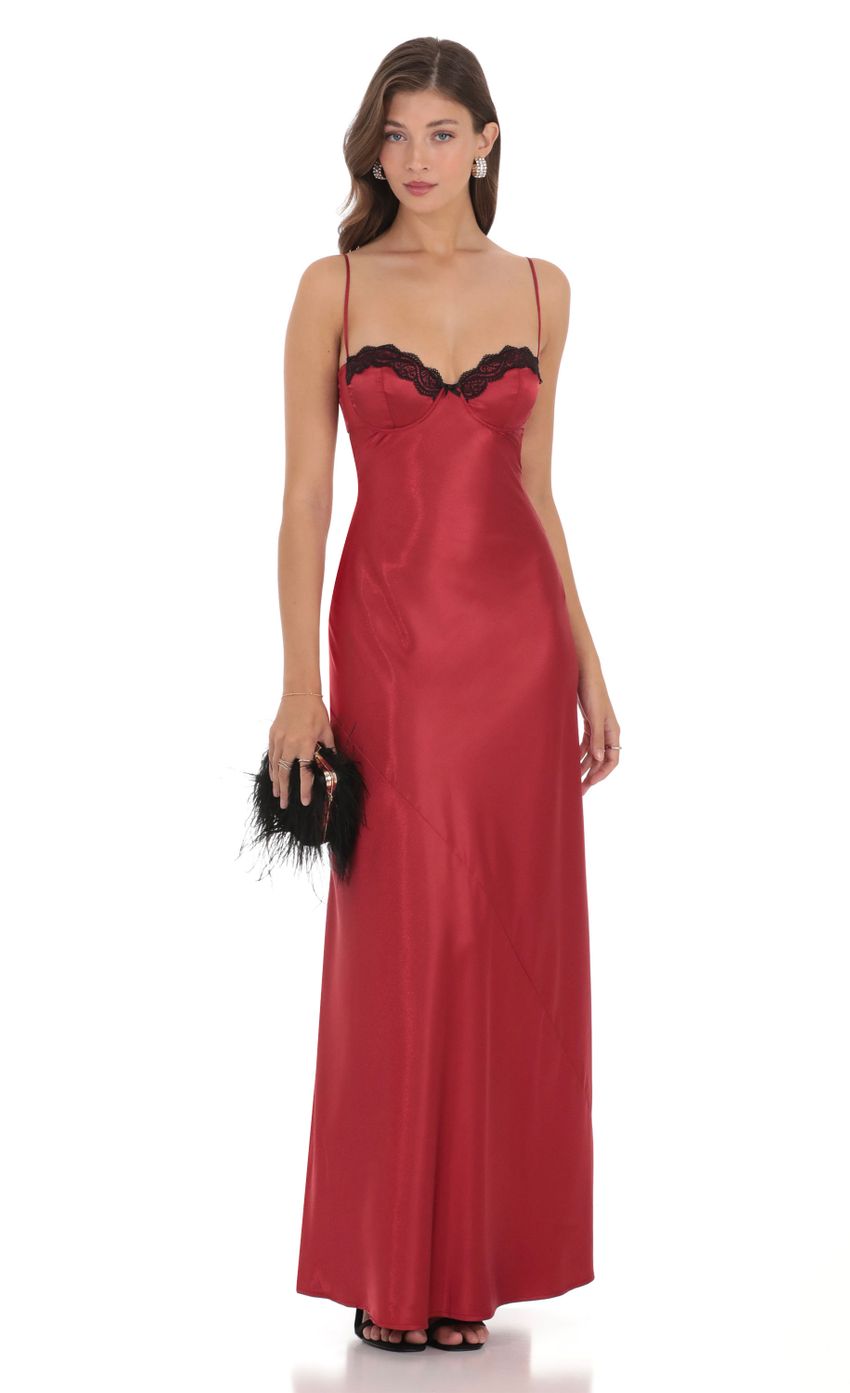 Picture Satin Lace Open Back Maxi Dress in Red. Source: https://media-img.lucyinthesky.com/data/Dec23/850xAUTO/5fd8753c-b7fc-4436-bdaa-8b07df8bde97.jpg