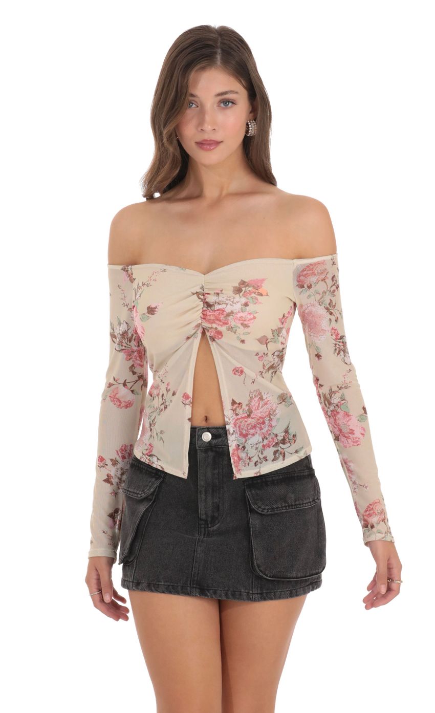 Picture Floral Off Shoulder Top in Cream. Source: https://media-img.lucyinthesky.com/data/Dec23/850xAUTO/61c0232d-66dc-4227-8ac4-c8a0b7b0b81c.jpg