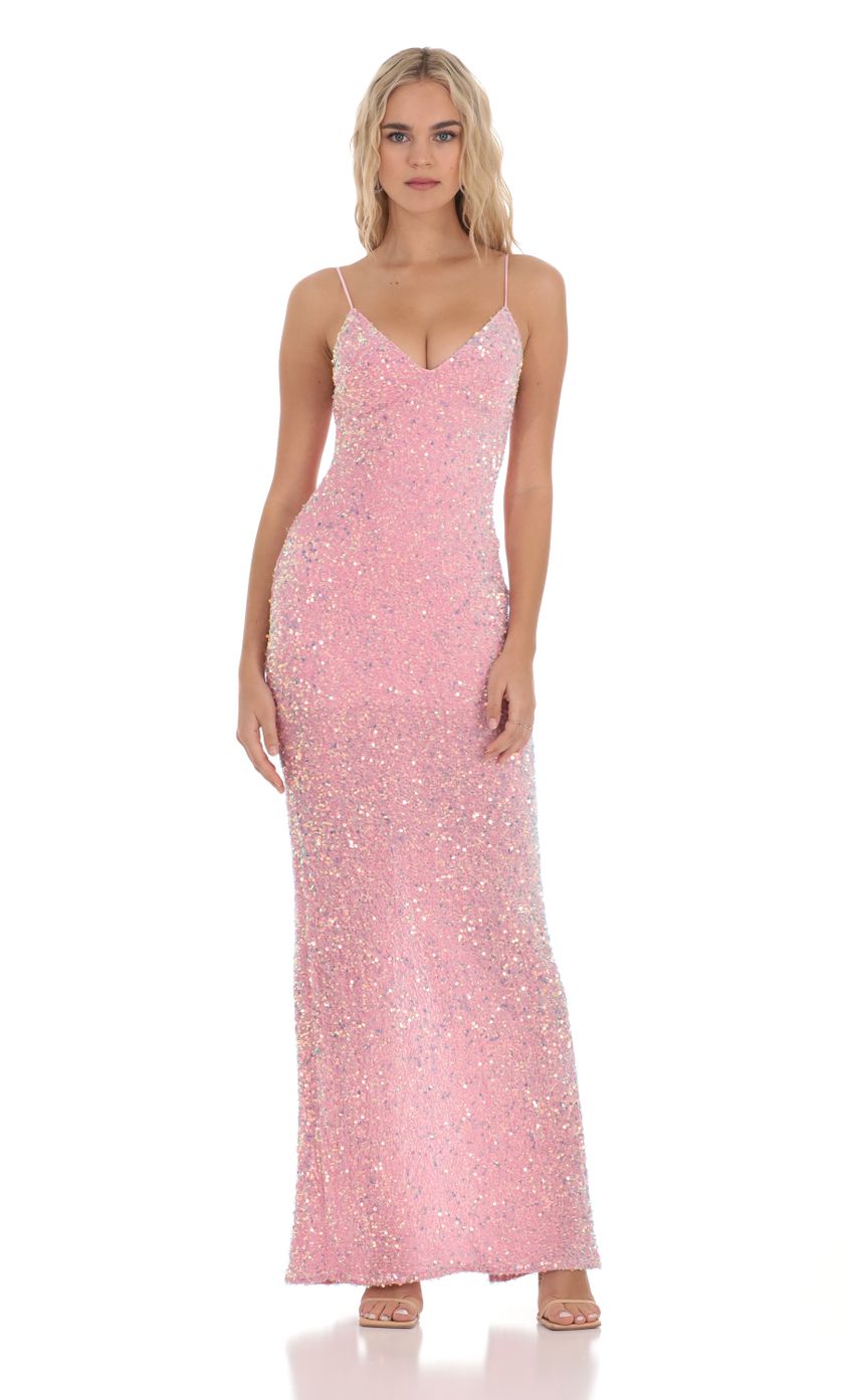 Picture Velvet Sequin Back Bow Maxi Dress in Pink. Source: https://media-img.lucyinthesky.com/data/Dec23/850xAUTO/639617f0-4412-4047-9f26-adacb6d137cd.jpg