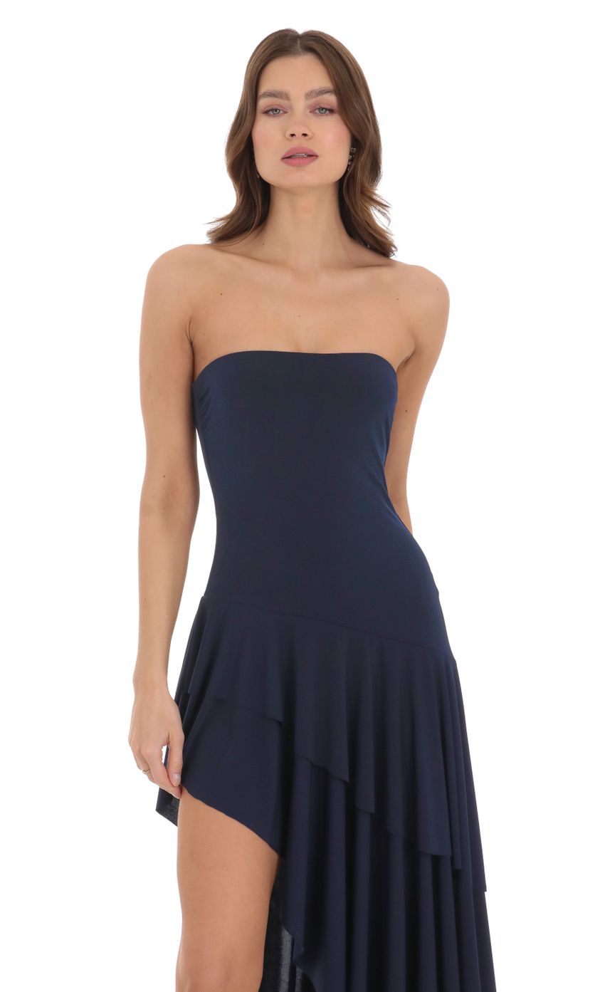 Picture Strapless High Low Dress in Navy. Source: https://media-img.lucyinthesky.com/data/Dec23/850xAUTO/662e8c86-268e-4b4b-86a9-486ed60bf337.jpg