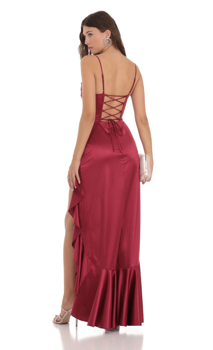 Picture Satin Ruffle Maxi Dress in Maroon. Source: https://media-img.lucyinthesky.com/data/Dec23/850xAUTO/694824c1-c326-46b4-b76c-1d76dca4df0e.jpg