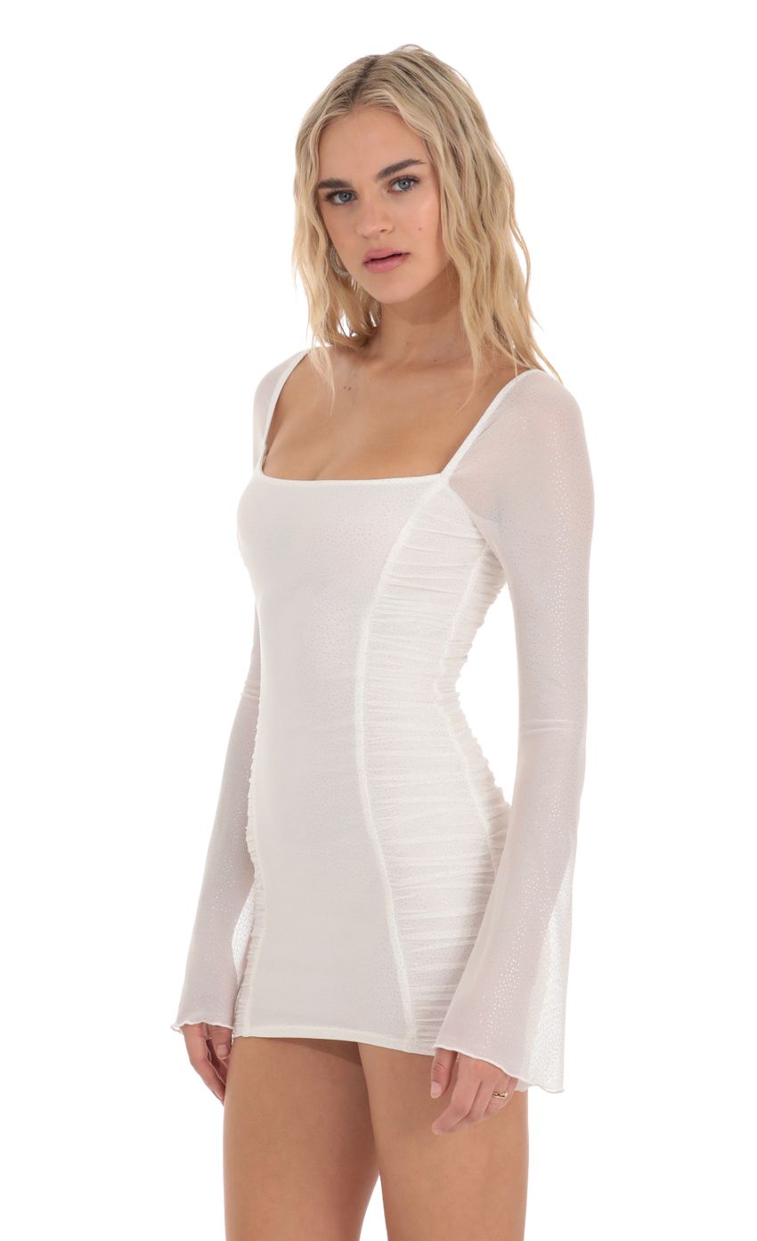 Picture Shimmer Mesh Ruched Bodycon Dress in White. Source: https://media-img.lucyinthesky.com/data/Dec23/850xAUTO/6b71b17a-57ab-4029-bc2b-6c0448dd2e9b.jpg