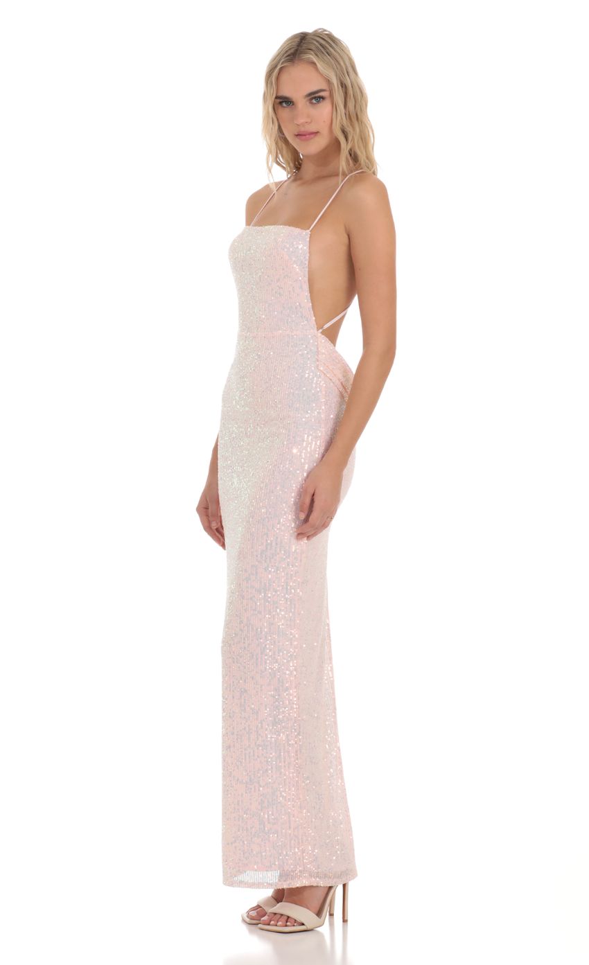 Picture Sequin Back Draped Maxi Dress in Pink. Source: https://media-img.lucyinthesky.com/data/Dec23/850xAUTO/6d2dcfd7-3535-4457-81f6-b8121017b66a.jpg