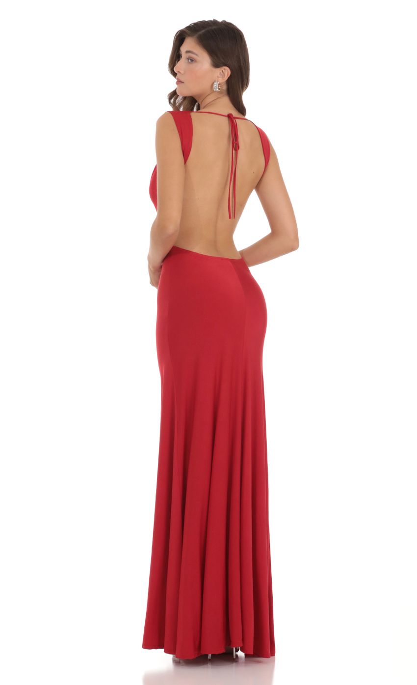 Picture Open Back Cowl Neck Dress in Red. Source: https://media-img.lucyinthesky.com/data/Dec23/850xAUTO/6d368409-88f6-4782-8cf5-0e9d3e657a1f.jpg
