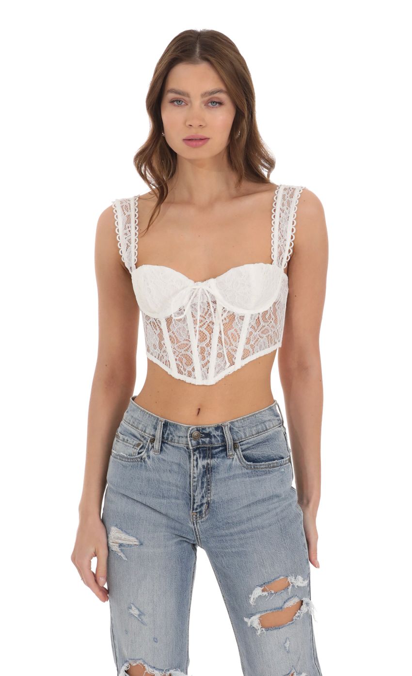 Picture Lace Corset Bralette Top in White. Source: https://media-img.lucyinthesky.com/data/Dec23/850xAUTO/6dee2b4b-c2a6-4b96-9a1d-39dc82949a6e.jpg