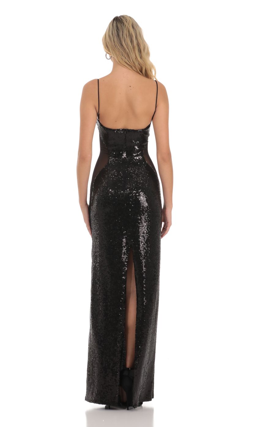 Picture Sequin Mesh Side Cutout Maxi Dress in Black. Source: https://media-img.lucyinthesky.com/data/Dec23/850xAUTO/739dba59-805e-4d52-b743-15f41853bd95.jpg
