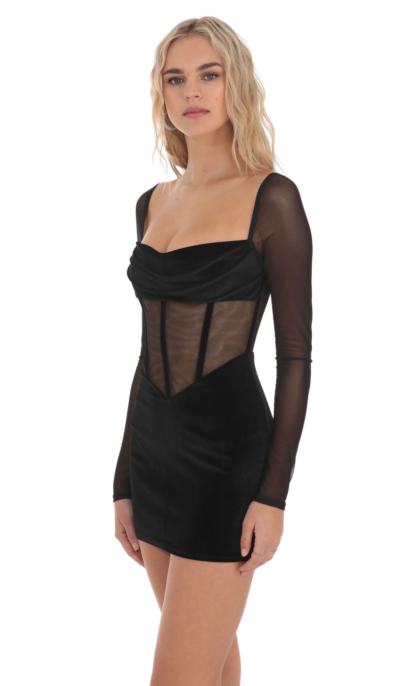 Picture Velvet Mesh Corset Dress in Black. Source: https://media-img.lucyinthesky.com/data/Dec23/850xAUTO/76d2e45b-7e4d-4e4b-ba27-4ee8dc82f073.jpg