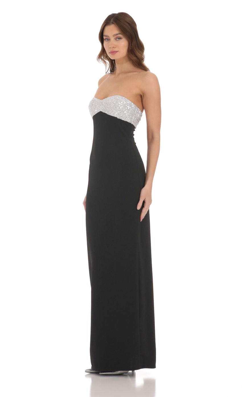 Picture Strapless White Sequin Maxi Dress in Black. Source: https://media-img.lucyinthesky.com/data/Dec23/850xAUTO/7aa34bb4-ba35-4eda-8e96-70d92aad879a.jpg