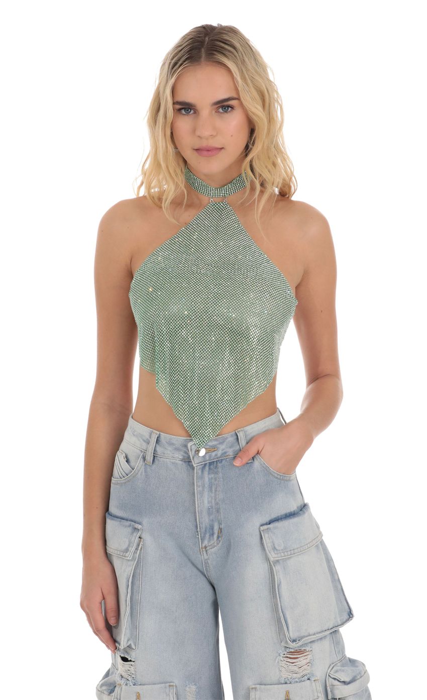 Picture Rhinestone Chainlink Top in Green. Source: https://media-img.lucyinthesky.com/data/Dec23/850xAUTO/84507570-1d1e-4e46-9f85-51008c36d9b1.jpg