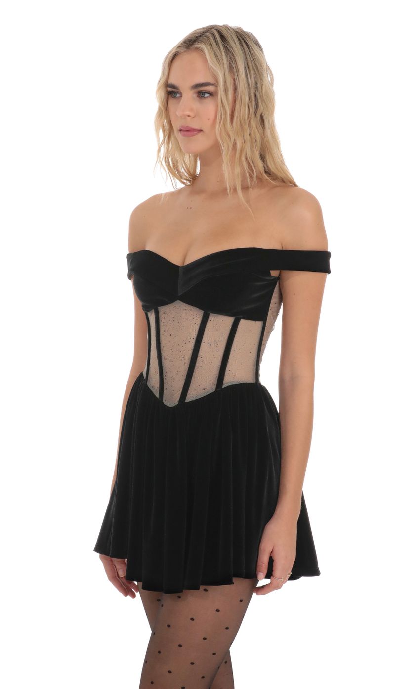 Picture Off Shoulder Velvet Corset Dress in Black. Source: https://media-img.lucyinthesky.com/data/Dec23/850xAUTO/88f629a2-fa23-476a-a53d-374b9e866dd5.jpg
