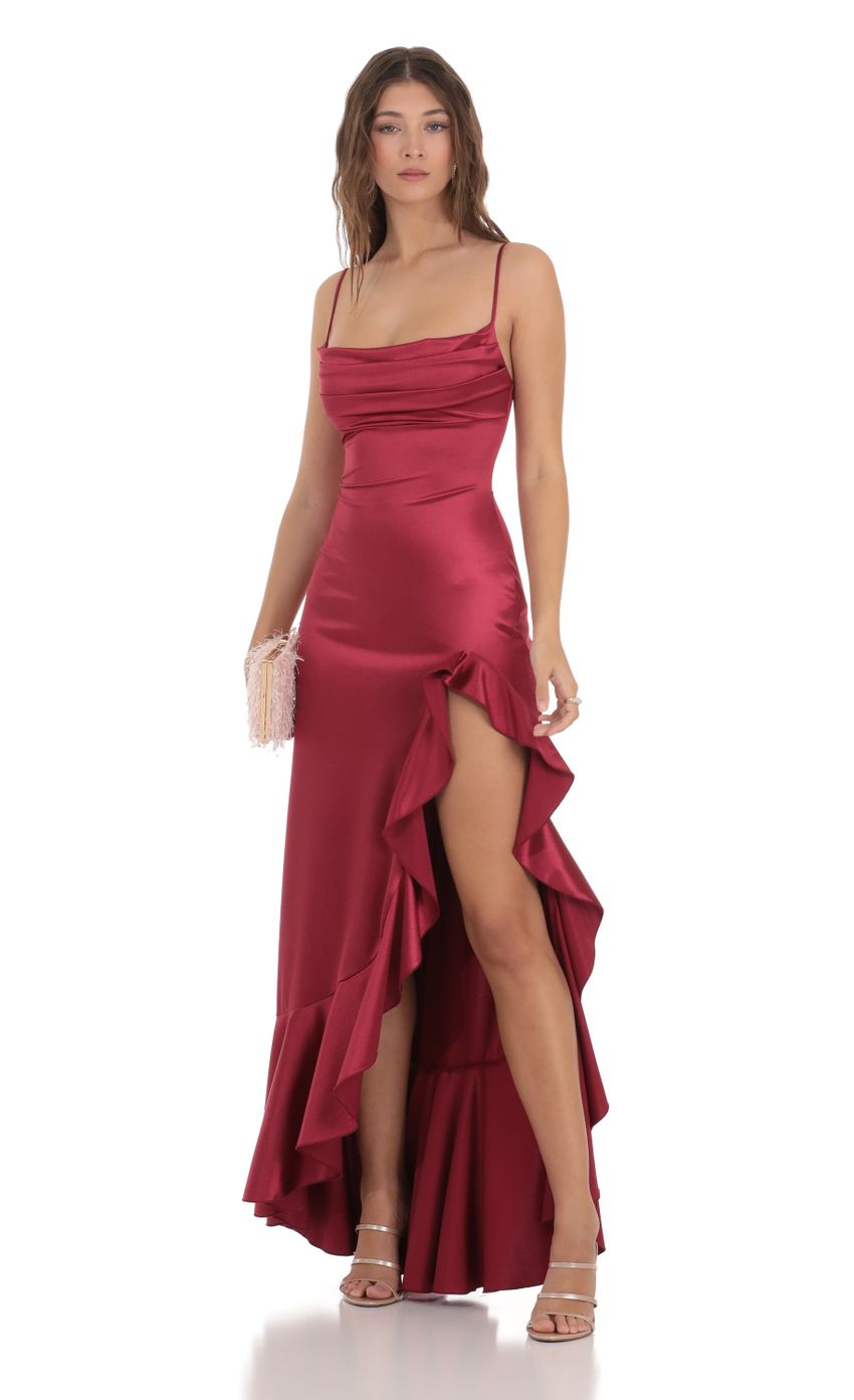 Picture Satin Ruffle Maxi Dress in Maroon. Source: https://media-img.lucyinthesky.com/data/Dec23/850xAUTO/951dd3a6-4ba9-4817-a991-8fef44aa3313.jpg