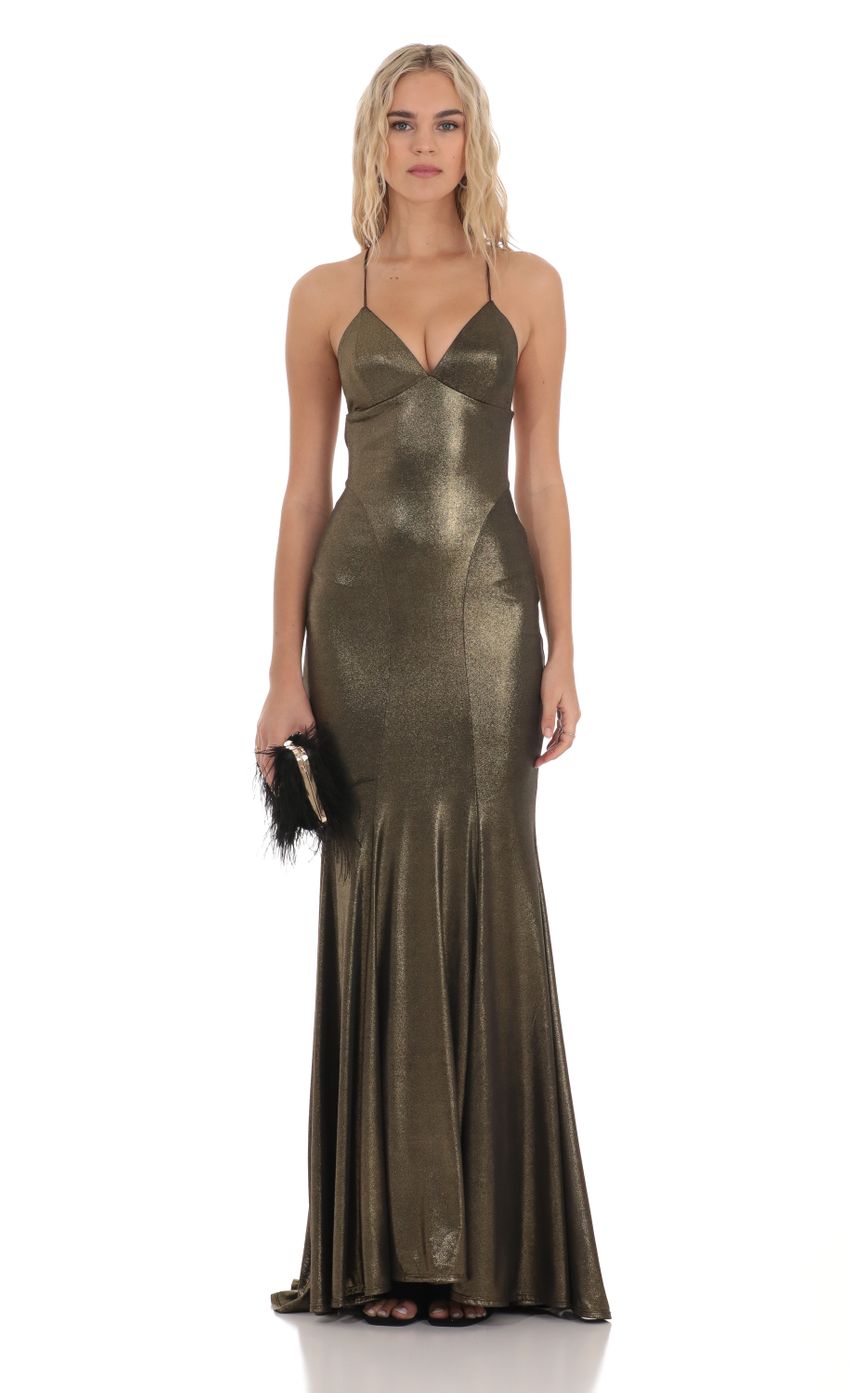Picture Metallic V-Neck Maxi Dress in Gold. Source: https://media-img.lucyinthesky.com/data/Dec23/850xAUTO/a013748b-0a8a-4fa4-b648-e7a94c8e2864.jpg