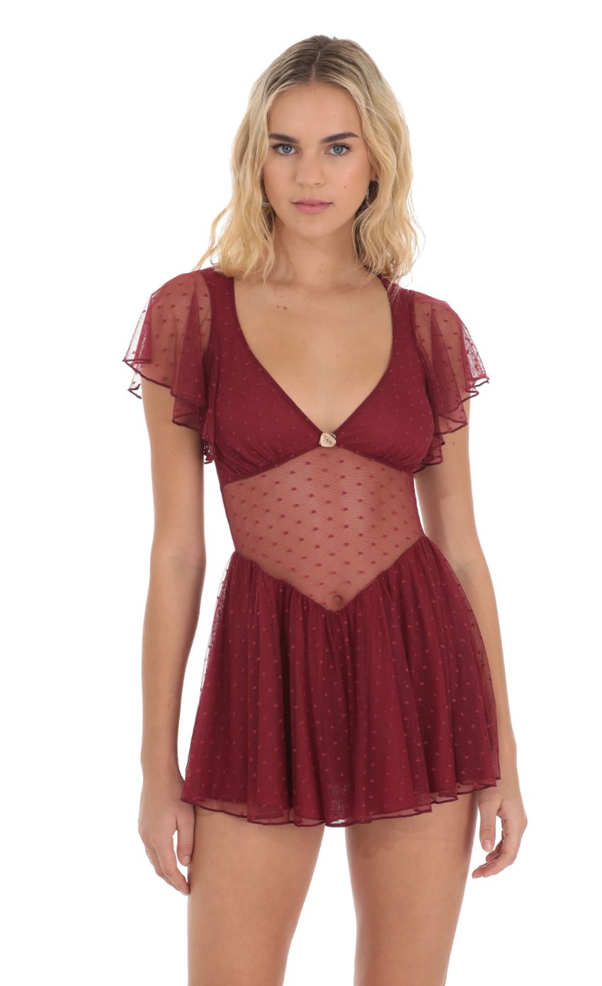 Picture Dotted Mesh Cutout Dress in Maroon. Source: https://media-img.lucyinthesky.com/data/Dec23/850xAUTO/a43cfaa8-6976-4e97-8eca-1c16cbb38895.jpg