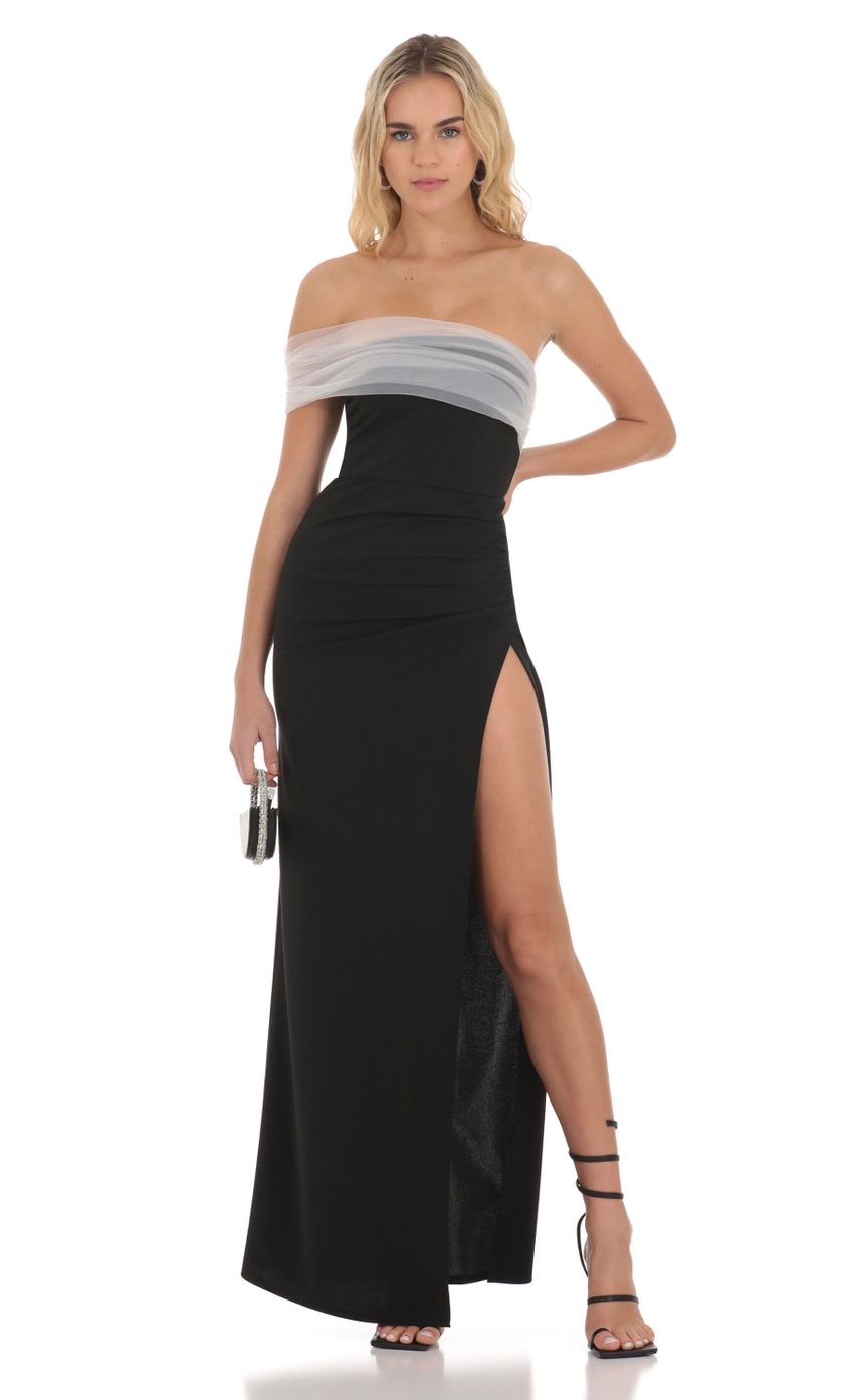 Picture Off Shoulder Tulle Sleeve Maxi Dress in Black. Source: https://media-img.lucyinthesky.com/data/Dec23/850xAUTO/a73e7e51-9048-49ff-bad2-9b9a242fbc81.jpg