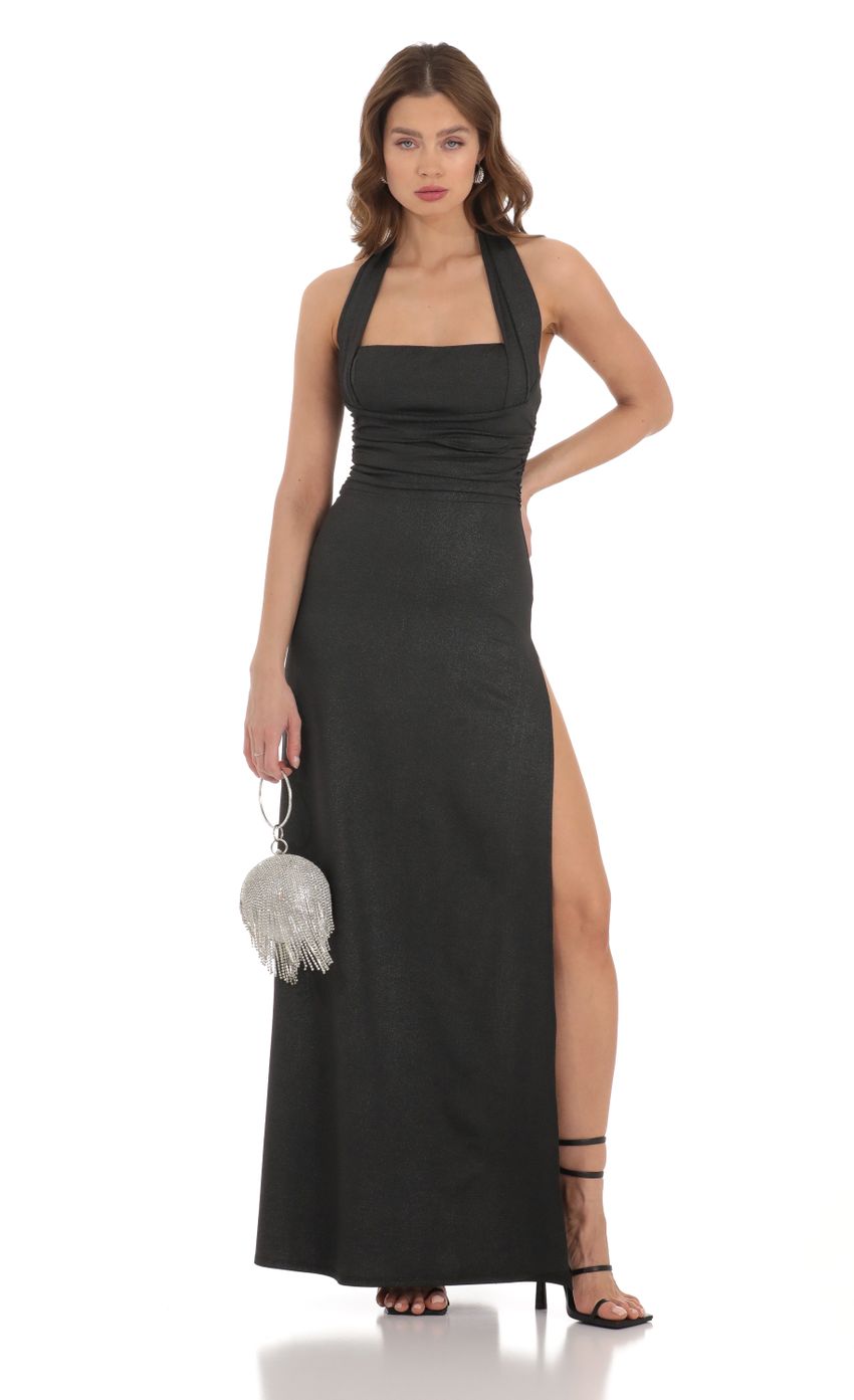 Picture Shimmer Halter Maxi Dress in Black. Source: https://media-img.lucyinthesky.com/data/Dec23/850xAUTO/b1dc5d56-41e5-4f2e-82f9-dab24d4ea4fd.jpg