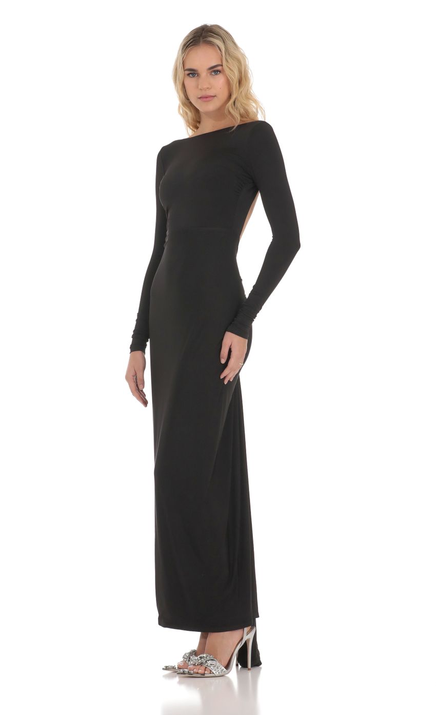 Picture High Neck Bodycon Open Back Maxi Dress in Black. Source: https://media-img.lucyinthesky.com/data/Dec23/850xAUTO/b218dbeb-f8e9-4983-83e1-24c391ba1777.jpg