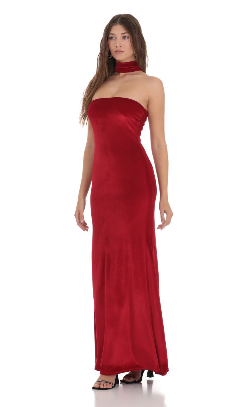 Picture Velvet Reverse Halter Maxi Dress in Red. Source: https://media-img.lucyinthesky.com/data/Dec23/850xAUTO/c2f6a58a-f84a-4f11-8381-c45e4ac7dfc9.jpg
