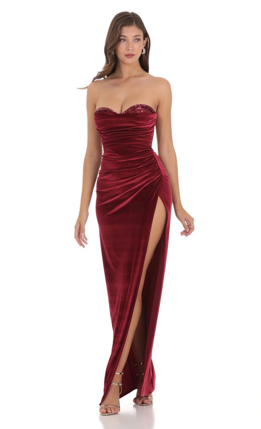 Picture Strapless Velvet Sequin Bust Maxi Dress in Maroon. Source: https://media-img.lucyinthesky.com/data/Dec23/850xAUTO/c8d24e5d-33ad-4287-9252-8e6a71ef13e3.jpg
