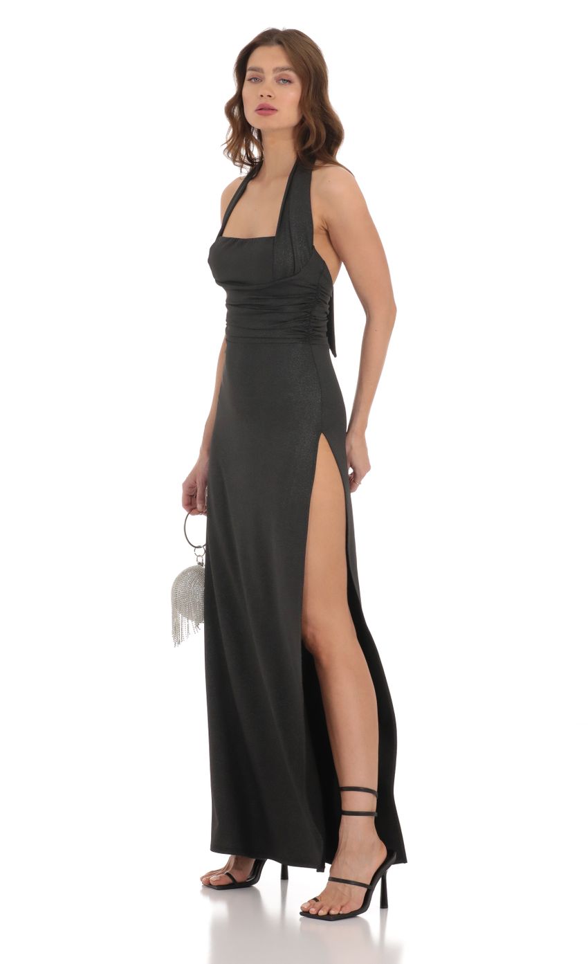 Picture Shimmer Halter Maxi Dress in Black. Source: https://media-img.lucyinthesky.com/data/Dec23/850xAUTO/ca42b943-e077-4d73-9c76-11293151a7a7.jpg