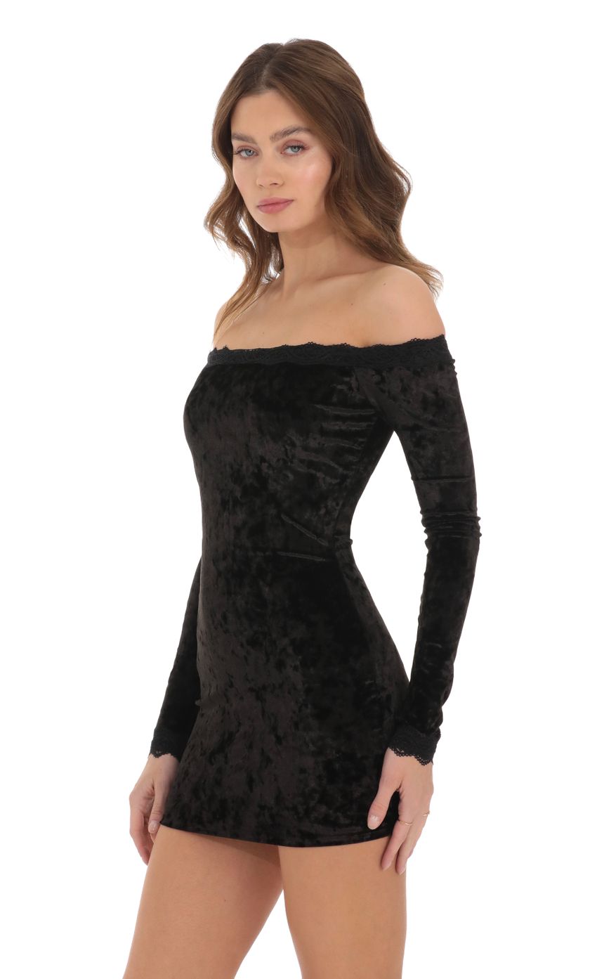 Picture Lace Off Shoulder Crushed Velvet Dress in Black. Source: https://media-img.lucyinthesky.com/data/Dec23/850xAUTO/cd33a5e7-b959-4fe6-961d-0db191c8a7a7.jpg