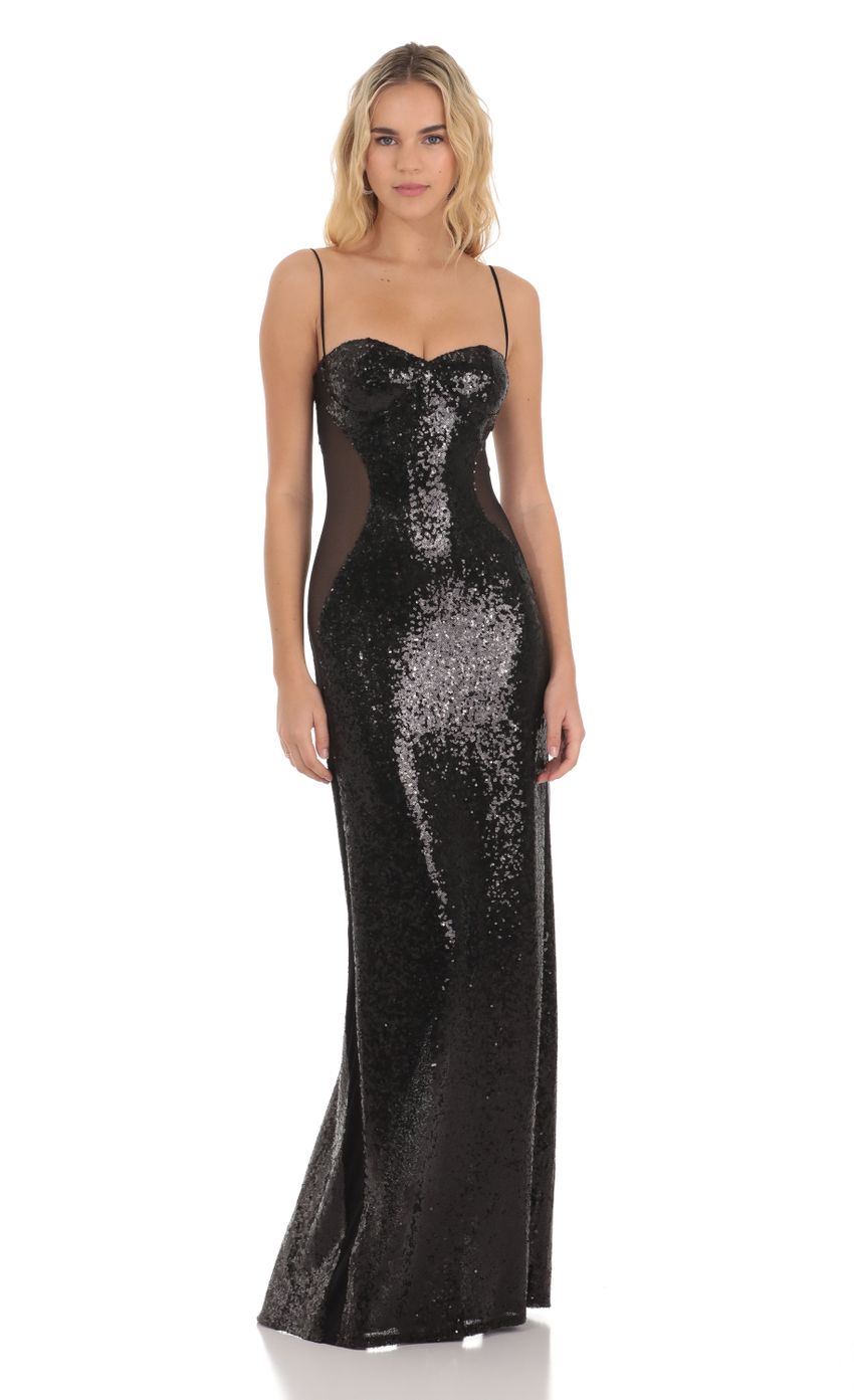 Picture Sequin Mesh Side Cutout Maxi Dress in Black. Source: https://media-img.lucyinthesky.com/data/Dec23/850xAUTO/d269991b-7267-4dce-b89f-cbc891d5acab.jpg