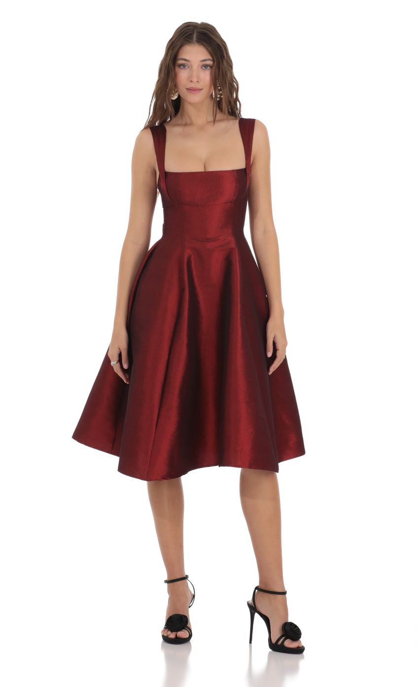 Picture Square Neck Flare Midi Dress in Maroon. Source: https://media-img.lucyinthesky.com/data/Dec23/850xAUTO/d6f43830-2225-4e45-a52a-ae5f7ec84225.jpg