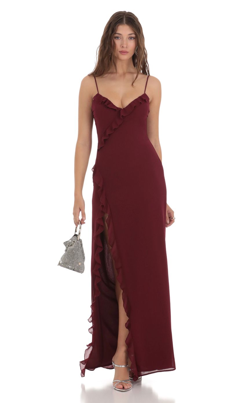 Picture Ruffle V-Neck Maxi Dress in Burgundy. Source: https://media-img.lucyinthesky.com/data/Dec23/850xAUTO/db216632-fed3-4587-bc12-06f56616eee1.jpg