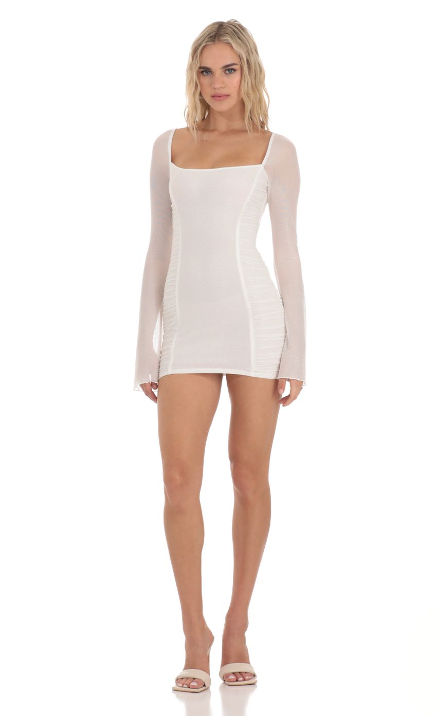 Picture Shimmer Mesh Ruched Bodycon Dress in White. Source: https://media-img.lucyinthesky.com/data/Dec23/850xAUTO/db3a3db9-6384-4f74-94f3-42beaaf70fd3.jpg
