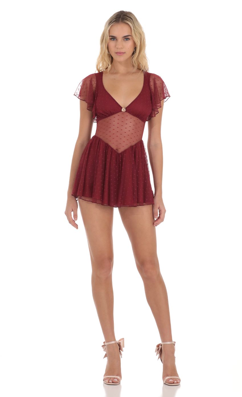Picture Dotted Mesh Cutout Dress in Maroon. Source: https://media-img.lucyinthesky.com/data/Dec23/850xAUTO/dc1e044f-20ff-4336-ad82-9f982c49c755.jpg