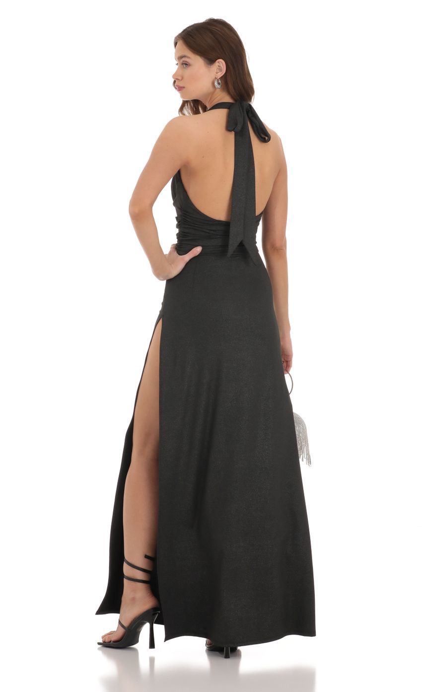 Picture Shimmer Halter Maxi Dress in Black. Source: https://media-img.lucyinthesky.com/data/Dec23/850xAUTO/dc9c9f6c-8ada-4b1e-8c75-61bfbc5abf5a.jpg