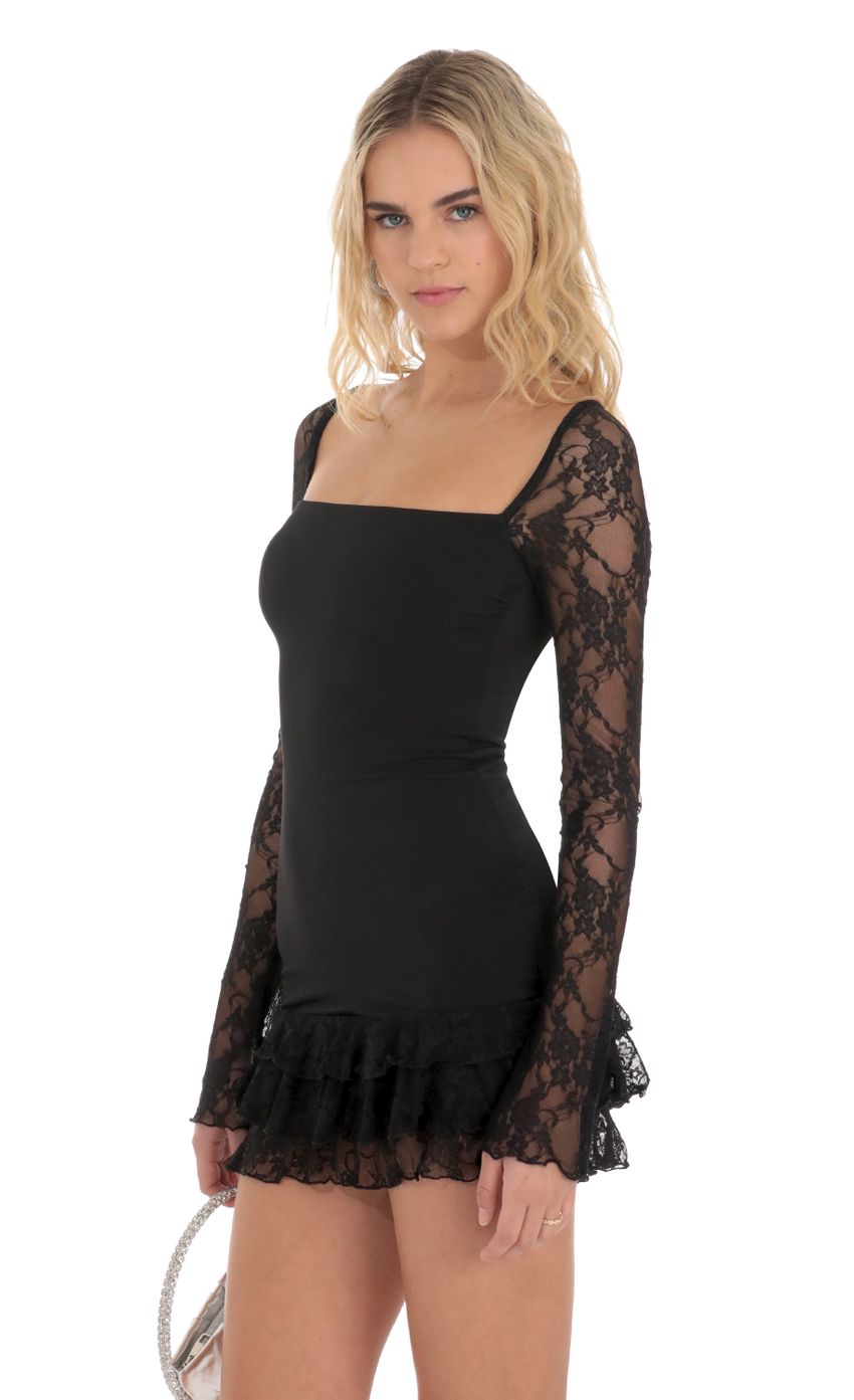 Picture Lace Ruffle Bodycon Dress in Black. Source: https://media-img.lucyinthesky.com/data/Dec23/850xAUTO/e0bab35a-fe2b-4f53-9f49-fd77c00363ca.jpg
