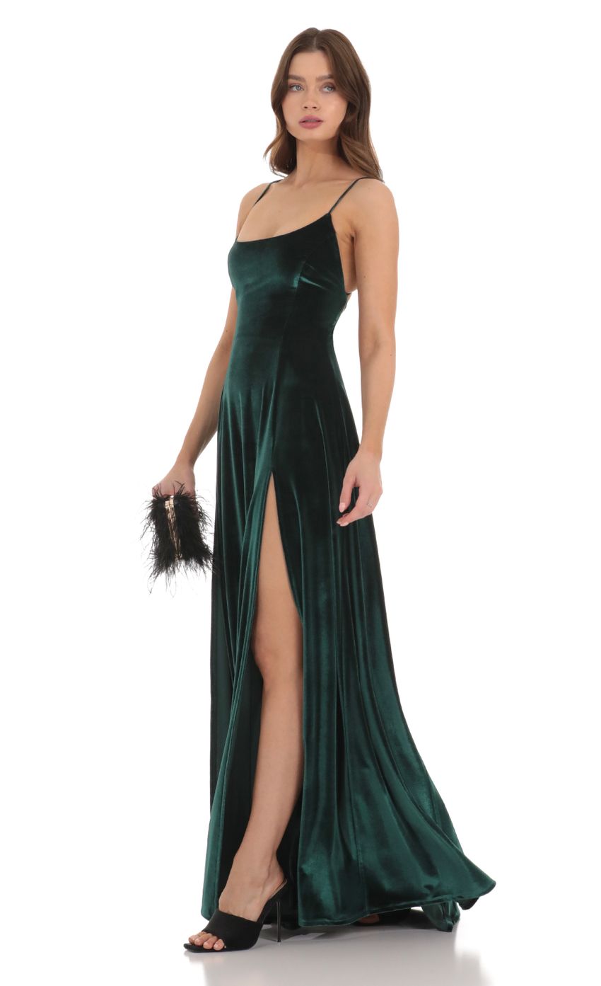 Picture Velvet Double Slit Maxi Dress in Green. Source: https://media-img.lucyinthesky.com/data/Dec23/850xAUTO/e2b87f8f-eb37-4c99-b4fe-d570c9d82d50.jpg