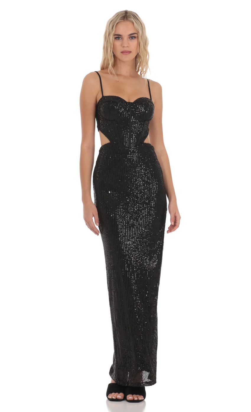 Picture Sequin Corset Cutout Maxi Dress in Black. Source: https://media-img.lucyinthesky.com/data/Dec23/850xAUTO/e4aa6c6d-645d-43b8-b9e7-f768af5de2fc.jpg