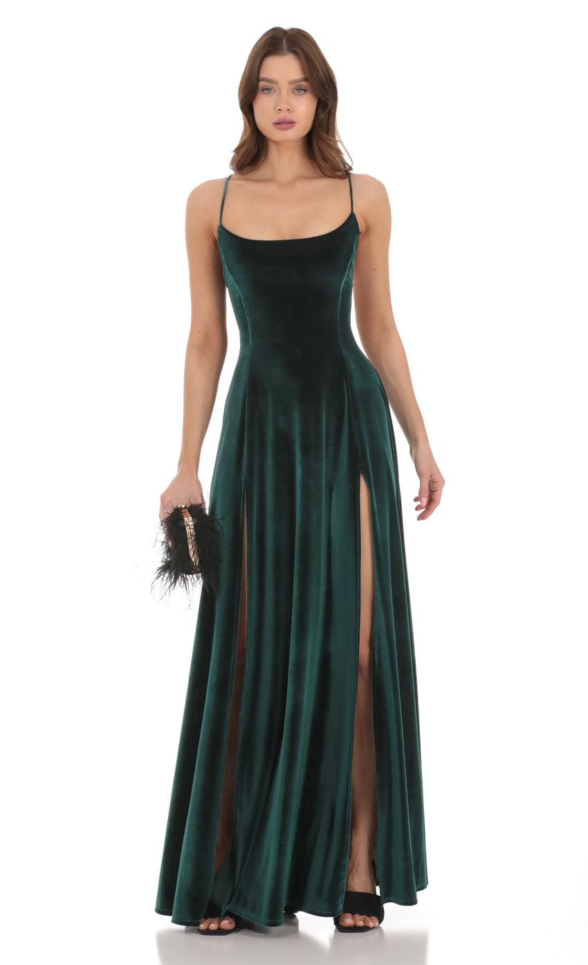 Picture Velvet Double Slit Maxi Dress in Green. Source: https://media-img.lucyinthesky.com/data/Dec23/850xAUTO/e8c100a9-ac28-4e60-a72f-fa19a31663e0.jpg