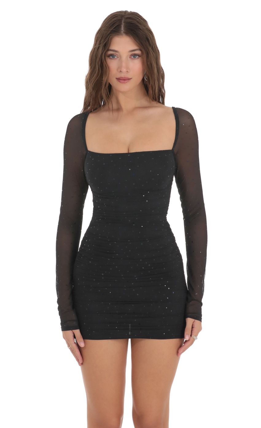 Picture Shimmer Mesh Ruched Dress in Black. Source: https://media-img.lucyinthesky.com/data/Dec23/850xAUTO/e92da42e-894f-4d0f-a3f6-0d0cabd1edb7.jpg