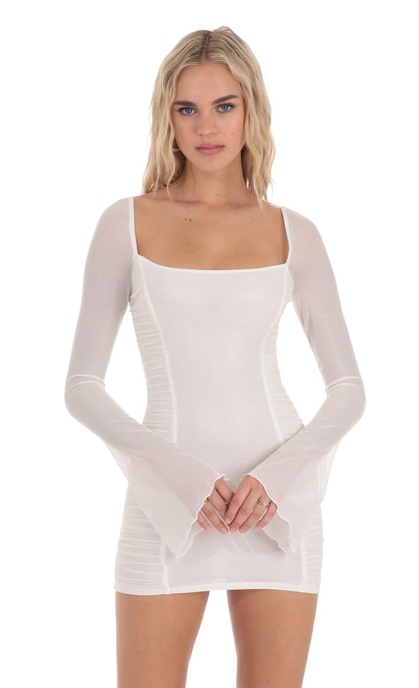 Picture Shimmer Mesh Ruched Bodycon Dress in White. Source: https://media-img.lucyinthesky.com/data/Dec23/850xAUTO/f35f1f20-9f1e-437f-9f3f-8b0384ca53f6.jpg