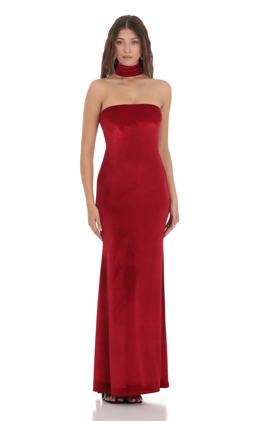 Picture Velvet Reverse Halter Maxi Dress in Red. Source: https://media-img.lucyinthesky.com/data/Dec23/850xAUTO/f70eda6e-020d-4a70-a390-98e49928229e.jpg