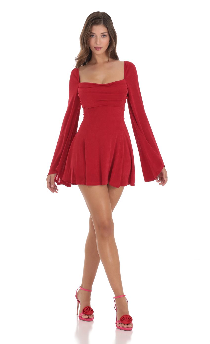 Picture Slinky Flare Sleeve Dress in Red. Source: https://media-img.lucyinthesky.com/data/Dec23/850xAUTO/f8ad40b2-1d83-4296-a828-304fb84abc82.jpg