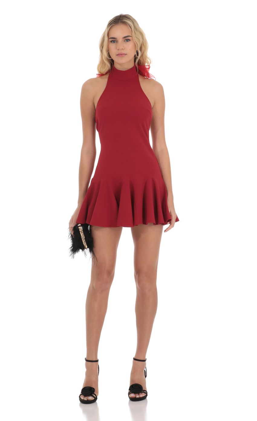 Picture Mock Neck Halter Flare Dress in Red. Source: https://media-img.lucyinthesky.com/data/Dec23/850xAUTO/fa96cb33-7813-4c7b-b7c4-9091d5766c9e.jpg